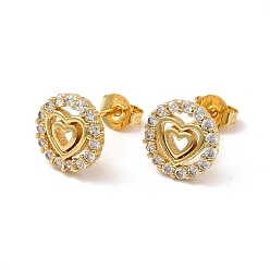 Настоящее золото 18K Серьги-гвоздики в форме сердца из прозрачного кубического циркония, стеллаж для латунных украшений для женщин, без кадмия и без свинца, реальный 18 k позолоченный, 9.5 мм, штифты : 0.7 мм