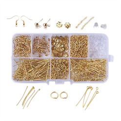 Golden DIY Earring Making, with Brass Earring Hooks, Iron Head Pins & Eye Pin & Stud Earring & Bead Caps & Ends with Twist Extender Chains, Plastic Earring Ear Nuts/Earring Backs, Golden, Containers: 14.5x7x2.2cm