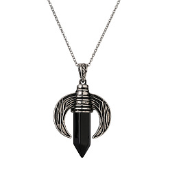CN000515 Black Agate Stainless Steel Chain Retro Tiger Eye Agate Pendant Necklace with Moon Shape Hexagonal Prism, Fashionable and Versatile Unisex Jewelry