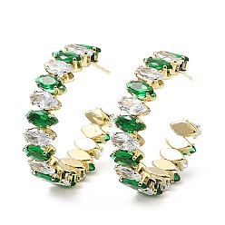 Medium Sea Green Cubic Zirconia Round Stud Earrings, Rack Plating Real 18K Gold Plated Brass Half Hoop Earrings for Women, Lead Free & Cadmium Free, Medium Sea Green, 35x8mm