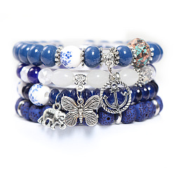 blue Bohemia Bracelet Alloy Butterfly Anchor Pendant Glass Beaded Multilayer Vintage Bracelet