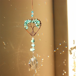 Synthetic Turquoise Synthetic Turquoise Chip Wrapped Heart with Tree of Life Hanging Ornaments, Glass Teardrop Tassel Suncatchers for Home Outdoor Decoration, 180mm