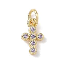 Лиловый Латунные микро проложить кубического циркония прелести, крест прелести, стойки покрытие, долговечный, без кадмия и без свинца, реальный 18 k позолоченный, сирень, 12x7x2 мм, отверстие : 3.5 мм