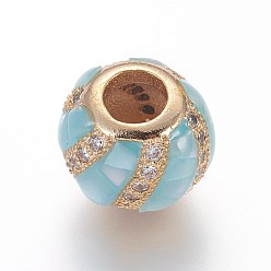 Sky Blue Brass Micro Pave Cubic Zirconia European Beads, Large Hole Beads, with Enamel and Freshwater Shell, Round, Golden, Sky Blue, 10x8mm, Hole: 4mm