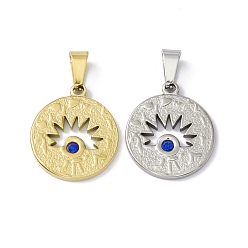 Mixed Color 304 Stainless Steel Pendants, with Sapphire Rhinestone, Flat Round with Horse Eye, Mixed Color, 21x8x2mm, Hole: 6.5x3mm