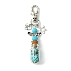 Synthetic Turquoise Glass Wishing Bottle with Synthetic Turquoise inside Pendant Decorations, Star & Heart Tibetan Style Alloy and Swivel Lobster Claw Clasps Charm, 86mm, Pendants: 58x21.5x13mm