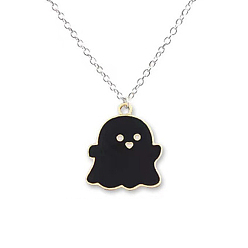 Black Halloween Enamel Ghost Pendant Necklace, Brass Jewelry for Women, Black, 18.50 inch(47cm)