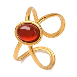Красный Агат Овальные натуральные перстни из сердолика, золотистый тон 304 полые манжетные кольца из нержавеющей стали для унисекс, 10 мм, регулируемый
