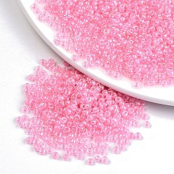 Pink 8/0 Glass Seed Beads, Inside Colours, Round Hole, Round, Transparent Colours Rainbow, Pink, 8/0, 3~4x2~3mm, Hole: 0.8mm, about 15000pcs/bag