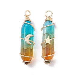 Chocolate 2Pcs 2 Style Two Tone Glass Double Terminated Point Beads Pendants Set, Moon & Star Golden Copper Wire Wrapped Charms, Chocolate, 38~39x10x18mm, Hole: 3mm, 1Pc/style