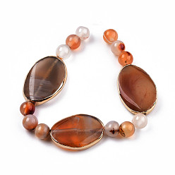 Sienna Natural Agate Beads, with Golden Plated Brass Findings, Dyed & Heated, Oval & Round, Sienna, Oval: 29~31x20~22x4.5~7.5mm, Hole: 2mm, about 3pcs/strand, Round: 8.5mm, Hole: 1.2mm, 12pcs/strand, 7.28 inch~7.48 inch(18.5~19cm)