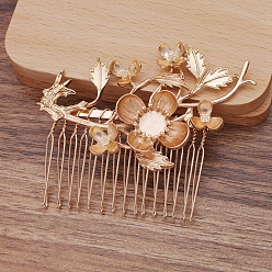 Light Gold Iron Hair Comb Cabochon Settings, with Alloy Flower, Light Gold, 62x77x10mm