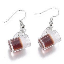 Coffee Resin Draft Beer Dangle Earring, with Platinum Plated Iron Earring Hooks, Coffee, 35mm, Pin: 1mm