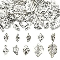 Antique Silver 50Pcs 10 Styles Tibetan Style Alloy Pendants, Leaf, Antique Silver, 14.5~30x7~20x1~3mm, Hole: 1.2~3mm, 5pcs/style