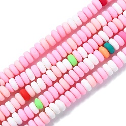 Pink Brin de perles pate polymère faits à la main , pour les fournitures de bricolage bijoux artisanat, plat rond, rose, 6~7x3mm, Trou: 1.5mm, Environ 113~116 pcs/chapelet, 15.55 pouces ~ 16.14 pouces (39.5~41 cm)