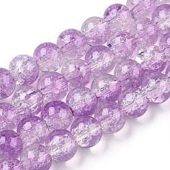 Lilac Transparent Crackle Baking Painted Glass Beads Strands, Imitation Opalite, Round, Lilac, 8.5x7.5mm, Hole: 1.5mm, about 107~109pcs/strand, 30.71 inch~31.30 inch(78~79.5cm)