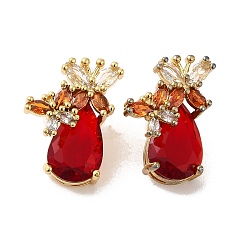Red Rack Plating Real 18K Gold Plated Brass Butterfly Stud Earrings, with Cubic Zirconia and Rhinestone, Long-Lasting Plated, Lead Free & Cadmium Free, Red, 18.5x13mm