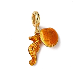 Оранжевый Латунные эмалированные европейские подвески с подвесками, подвески с большим отверстием в форме ракушки морского конька, долговечный, стойки покрытие, без кадмия и без свинца, реальный 18 k позолоченный, оранжевые, 32 мм, отверстие : 5.5 мм