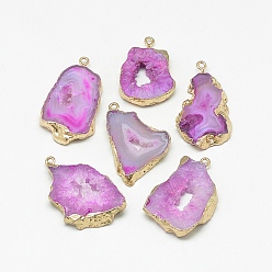 Orchid Natural Druzy Agate Pendants, with Golden Tone Iron Findings, Dyed, Nuggets, Orchid, 20~60x13~50x4~8mm, Hole: 1~4mm