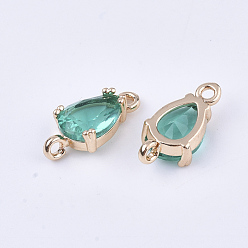 Light Sea Green Transparent Glass Links connectors, with Brass Findings, Faceted, Teardrop, Light Gold, Light Sea Green, 13x7x3.5mm, Hole: 1.2mm