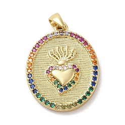 Real 14K Gold Plated Brass Micro Pave Cubic Zirconia Pendants, Oval with Heart, Real 14K Gold Plated, 23x17.5x2.5mm, Hole: 4x2.5mm