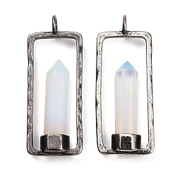 Opalite Opalite Pendants, Faceted Pointed Bullet Charms with Brass Rectangle Frame, Antique Silver, 42.5x17x6mm, Hole: 3.6mm
