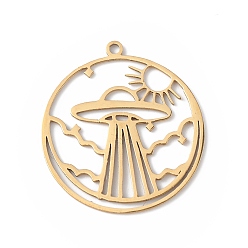 Golden 304 Stainless Steel Pendants, Hollow, Flat Round with UFO Charm, Golden, 27x24.5x0.9mm, Hole: 1.4mm