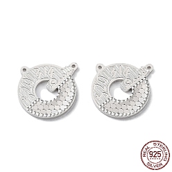 Real Platinum Plated Rhodium Plated 925 Sterling Silver Charms, Flat Round with Polka Dot & Number 5201314 Charm, Textured, for Valentine's Day, Real Platinum Plated, 13.5x13.5x1.2mm, Hole: 0.8mm