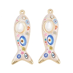 Golden Printed Alloy Enamel Pendants, Fish with Evil Eye Pattern Charms, with Rhinestone and Resin Imitation Cat Eye, Cadmium Free & Nickel Free & Lead Free, Rack Plating, Golden, 43.5x16.5x6.5mm, Hole: 1.6mm