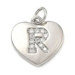 Letter R Латунные микропаве прозрачные подвески с фианитом, сердце прелести, без кадмия и без свинца, стойки покрытие, долговечный, платина, Буква R, 15x15x2 мм, отверстие : 3 мм
