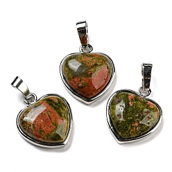 Unakite Natural Unakite Pendants, Heart Charms with Platinum Plated Brass Snap on Bails, 20.5x17.5x7mm, Hole: 4x8mm