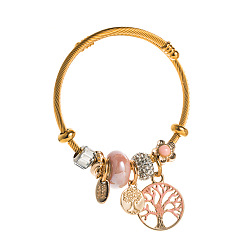 Pink Gold Stainless Steel Pandora Bracelet with DIY Tree of Life Oil Drop Pendant Adjustable Open Bangle