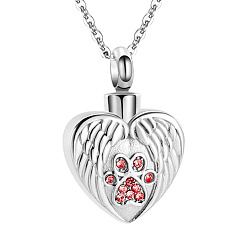 Red Stainless Steel Pendant Necklaces, Urn Ashes Necklace, Heart with Wing, Red, 0.98x0.71 inch(2.5x1.8cm)