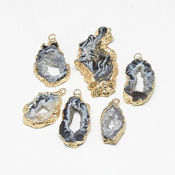 Gray Natural Druzy Agate Pendants, with Golden Tone Iron Findings, Dyed, Nuggets, Gray, 20~60x13~50x4~8mm, Hole: 1~4mm