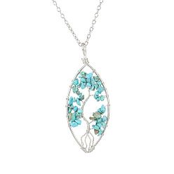 Synthetic Turquoise Synthetic Turquoise Chips Beaded Horse Eye with Tree Pendant Necklaces, with Platinum Brass Chains, 20.08 inch(51cm)