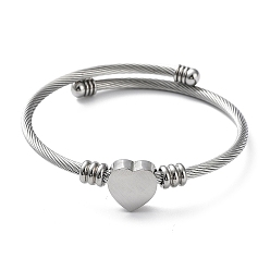 Platinum 304 Stainless Steel Cuff Bangle with 201 Stainless Steel Heart Beaded, Stainless Steel, Inner Diameter: 2-1/4 inch(5.55~5.8cm)