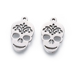 Stainless Steel Color 201 Stainless Steel Pendants, Manual Polishing, Sugar Skull, For Mexico Holiday Day of the Dead, Stainless Steel Color, 17x10.5x1.5mm, Hole: 1.2mm