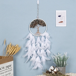 White Tree of Life Natural Agate Chips Woven Web/Net with Feather Decorations, for Home Bedroom Hanging Decorations, White, 160mm