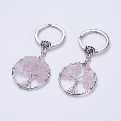 Rose Quartz Natural Rose Quartz Keychain, with Iron Key Rings and Brass Finding, Flat Round with Tree of Life, 65~67mm, 36x29x5~8mm