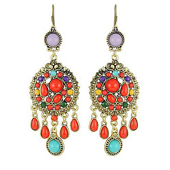 Round Alloy Dangle Earrings, with Resin Cabochon, Bohemia Style Tassel Earrings for Women, Round Pattern, 71x27mm