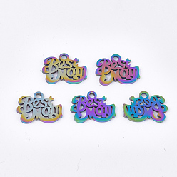 Rainbow Color Ion Plating(IP) 201 Stainless Steel Charms, for Mother's Day, Phrase Best Mom, Rainbow Color, 10x14x1mm, Hole: 1.5mm