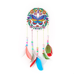 Butterfly DIY Butterfly Theme Diamond Wind Chime Kits, Including Canvas, Resin Rhinestones, Diamond Sticky Pen, Tray Plate and Glue Clay, Woven Net/Web with Feather, Butterfly Pattern, 150mm