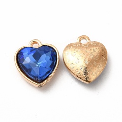 Blue Faceted Glass Rhinestone Pendants, with Golden Tone Zinc Alloy Findings, Heart Charms, Blue, 16.5x14x6.5mm, Hole: 1.6mm