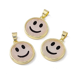 Rose Quartz Natural Rose Quartz Pendants, Flat Round with Smiling Face Charms, with Rack Plating Golden Tone Brass Findings, Cadmium Free & Lead Free, 21x18.5x3mm, Hole: 4x6mm