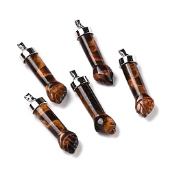 Тигровый глаз Подвески из натурального тигрового глаза, с латунной фурнитурой платинового цвета, форма кулака, 45x12x10 мм, отверстие : 4.5x7.5 мм