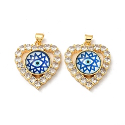 Sky Blue Real 18K Gold Plated Brass Pendants, with Glass and Acrylic, Heart with Evil Eye Charms, Sky Blue, 26x22.5x7mm, Hole: 4.5x3.5mm