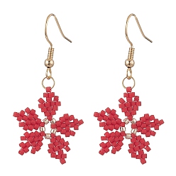Red Glass Seed Braided Snowflake Dangle Earrings, Golden 304 Stainless Steel Wire Wrap Christmas Earrings for Women, Red, 42mm, Pin: 0.7mm