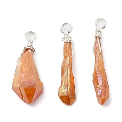 Silver Electroplated Raw Rough Natural Quartz Crystal Copper Wire Wrapped Pendants, Copper Plated Teardrop Charms, Silver, 28.5~35x7~12x4.5~7.5mm, Hole: 3.5mm