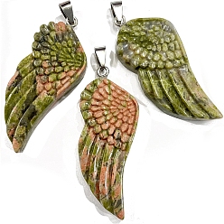 Unakite Natural Unakite Big Pendants, Wing Charms with Platinum Plated Matel Snap on Bails, 50x25mm