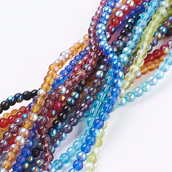 Mixed Color Glass Beads Strands, Round, Mixed Color with AB Color Plated, Beads: about 4mm in diameter, hole: 1mm, about 13 inch/strand, about 80pcs/strand